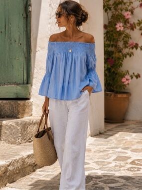Zara Linen Smocked Off Shoulder Top Blue